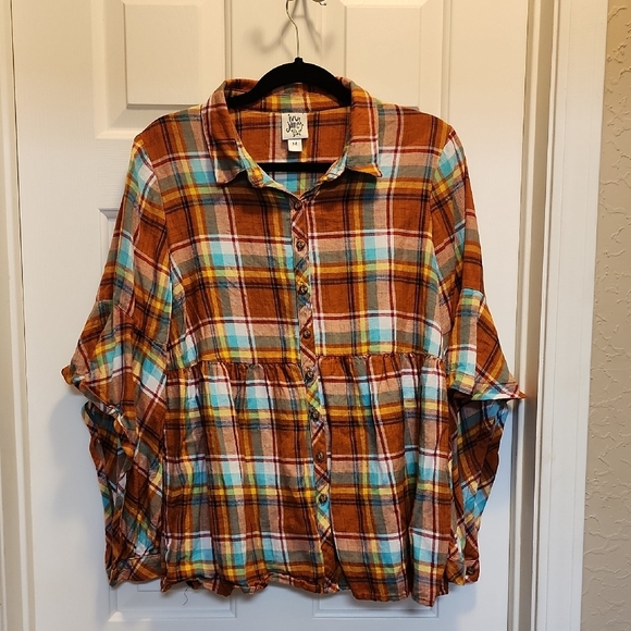 ivy jane Tops - Ivy Jane Flannel Colorful Plaid Button-Up Tunic